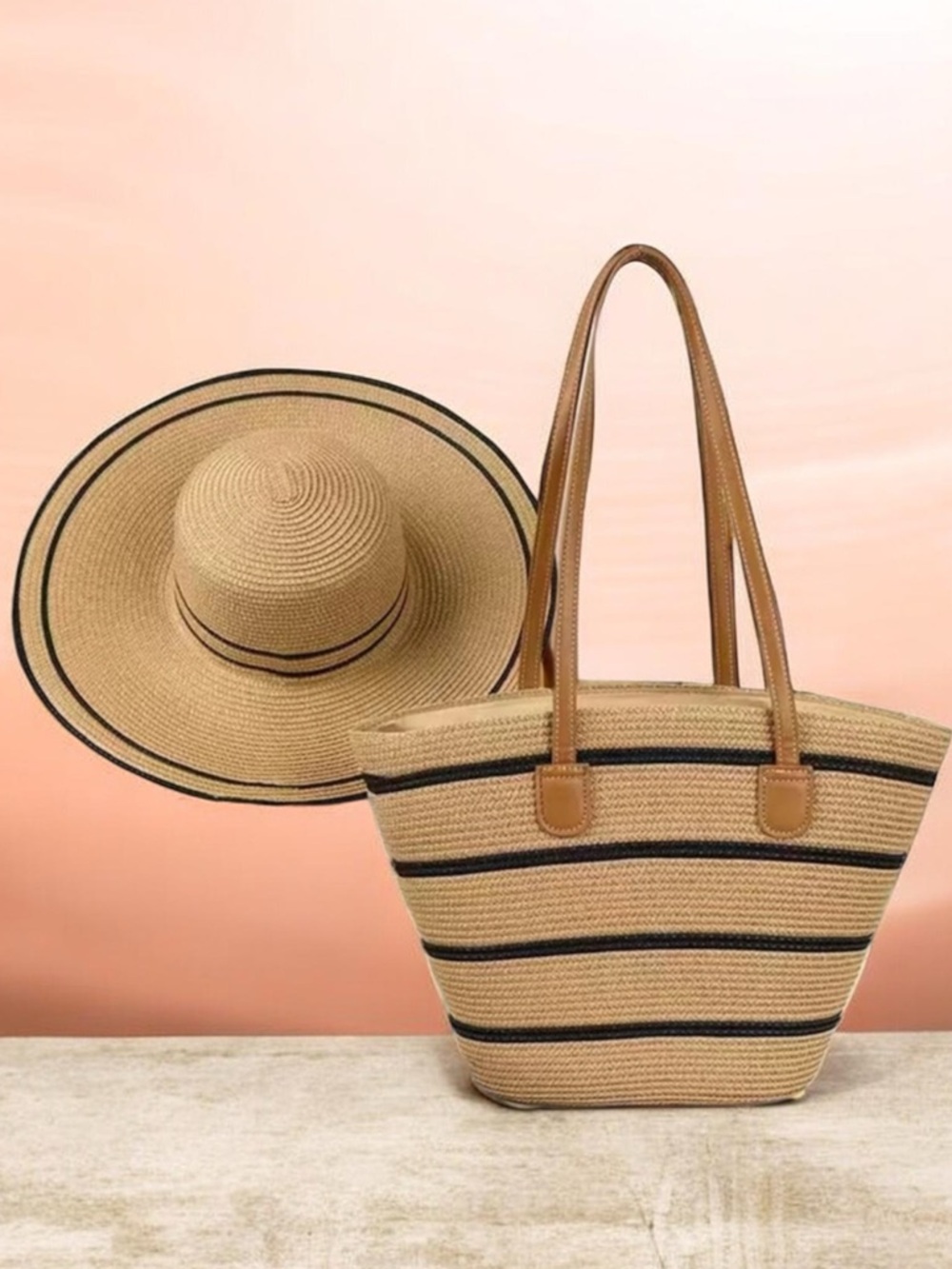 🔥🔥🆕Striped Tan and Black Tote Bag and Sun Hat Set